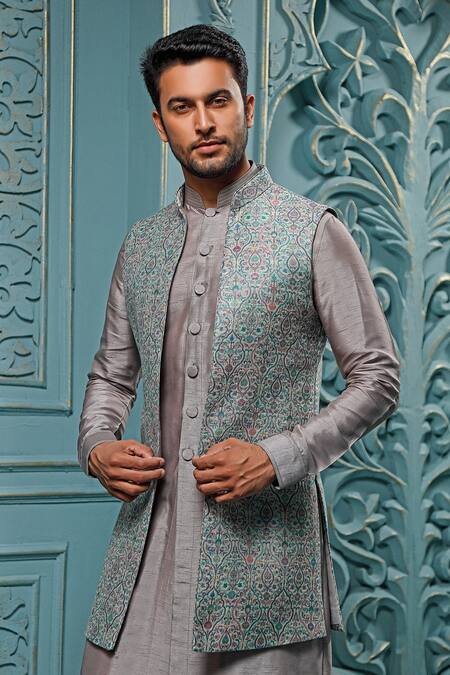Vanshik_Blue Bundi Pashmina, Kurta Crepe And Trouser Blend Floral & Set _Online_at_Aza_Fashions
