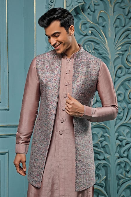 Vanshik_Purple Bundi Pashmina, Kurta Crepe And Trouser Blend Floral & Set _Online_at_Aza_Fashions