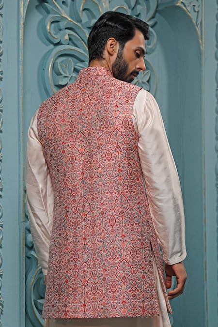 Shop_Vanshik_Pink Bundi Pashmina Woven Floral And Kurta Set _at_Aza_Fashions