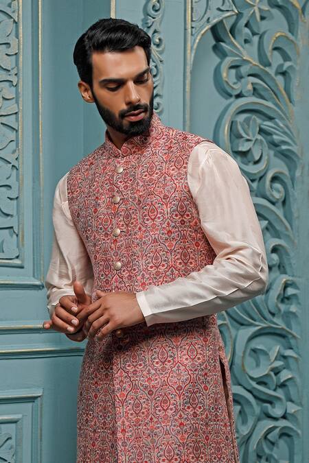 Vanshik_Pink Bundi Pashmina Woven Floral And Kurta Set _Online_at_Aza_Fashions