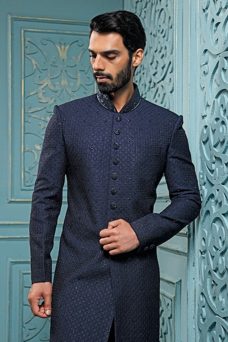 Vanshik_Blue Sherwani , Trouser Blend Geometric Embroidered Set _Online_at_Aza_Fashions