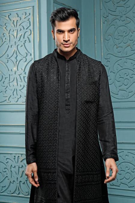 Vanshik_Black Bundi Silk Embroidered Floral And Kurta Set _Online_at_Aza_Fashions