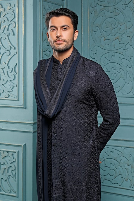 Vanshik_Blue Churidar Crepe Silk, Dupatta Georgette, Sherwani Semi Embroidered Set _Online_at_Aza_Fashions