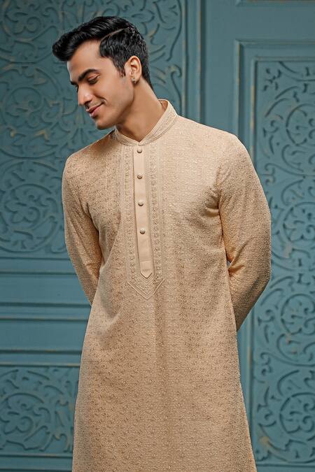 Vanshik_Gold Churidar Crepe Silk, Kurta Georgette Floral Embroidered Set_Online_at_Aza_Fashions