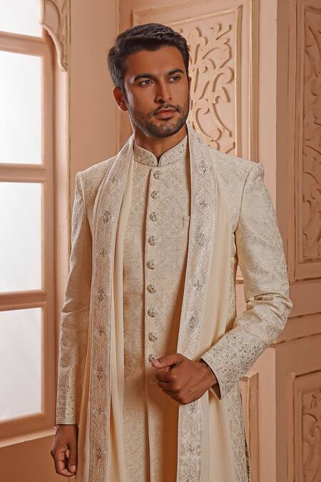 Vanshik Cream Churidar Crepe , Dupatta Georgette, Sherwani Embroidered Set Online at Aza Fashions Vanshik_Cream Churidar Crepe , Dupatta Georgette, Sherwani Embroidered Set _Online_at_Aza_Fashions