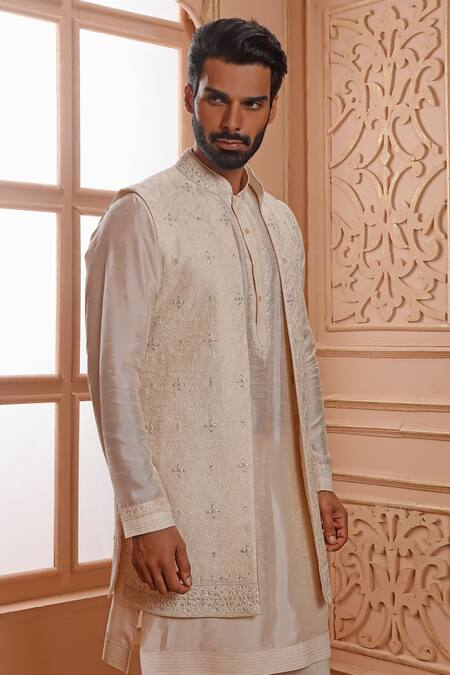 Vanshik_Cream Bundi , Kurta And Churidar Crepe Floral Embroidered & Set _Online_at_Aza_Fashions