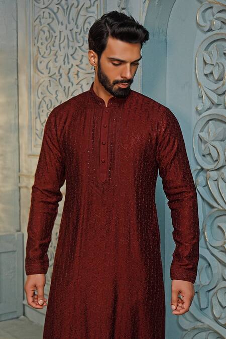 Vanshik_Wine Churidar Crepe , Kurta Floral Embroidered Set_Online_at_Aza_Fashions
