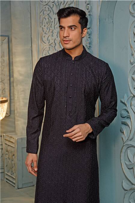 Vanshik_Blue Churidar Crepe , Kurta Floral Embroidered Set _Online_at_Aza_Fashions