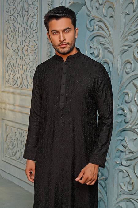 Vanshik_Black Churidar Crepe , Kurta Floral Embroidered Set _Online_at_Aza_Fashions