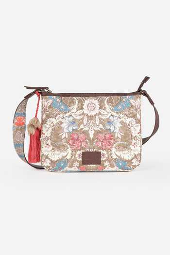 Ritu Kumar, Ri.Ritu Kumar, aarke Ritu Kumar_Brown Tassels Floral Print Sling Bag_Online_at_Aza_Fashions