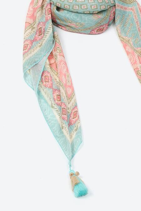 Ritu Kumar_Blue Print Waterfall Scarf_Online_at_Aza_Fashions