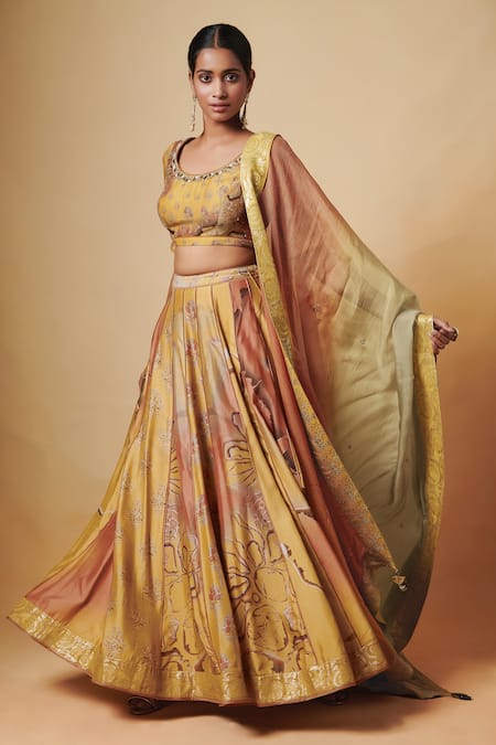 Saundh Yellow Blouse And Lehenga Pure Raw Silk Dupatta Organza Print & Embroidery Set 