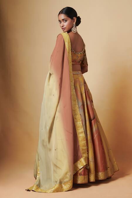 Shop_Saundh_Yellow Blouse And Lehenga Pure Raw Silk Dupatta Organza Sequins, Printed Set_at_Aza_Fashions