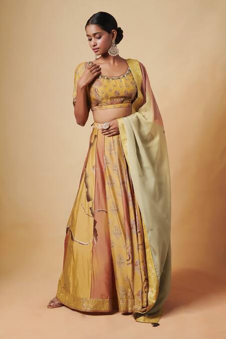 Saundh_Yellow Blouse And Lehenga Pure Raw Silk Dupatta Organza Sequins, Printed Set_Online_at_Aza_Fashions