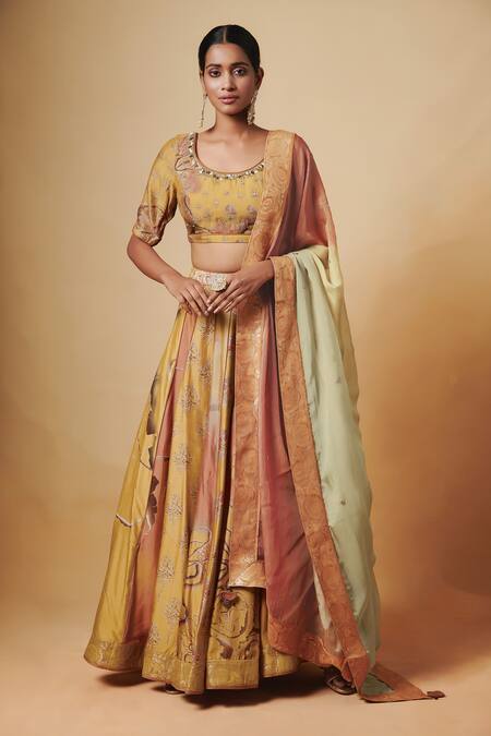 Buy_Saundh_Yellow Blouse And Lehenga Pure Raw Silk Dupatta Organza Sequins, Printed Set_Online_at_Aza_Fashions
