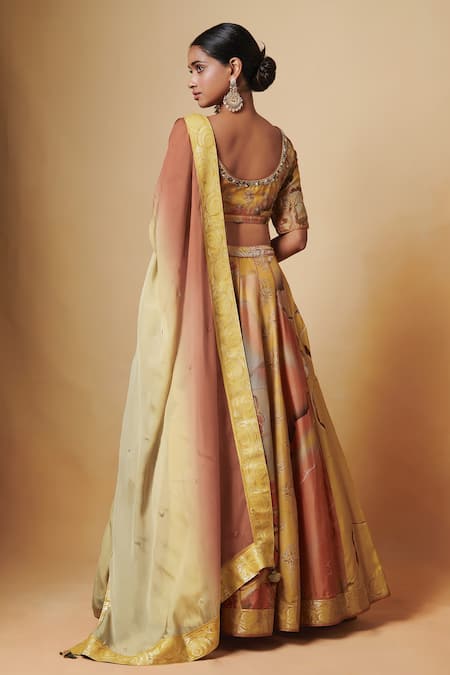 Shop_Saundh_Yellow Blouse And Lehenga Pure Raw Silk Dupatta Organza Sequins, Printed Set_Online_at_Aza_Fashions