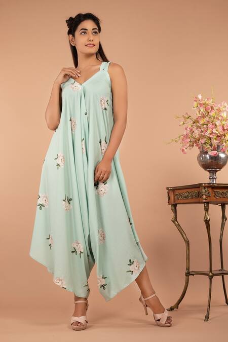 Pasha India Green Polycrepe Floral V Neck Adriatic Mist Strap Printed Jumpsuit
