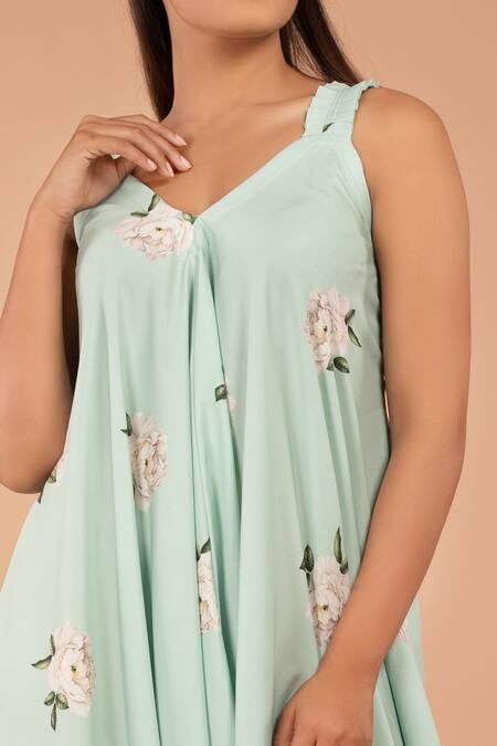 Shop Pasha India Green Polycrepe Floral V Neck Adriatic Mist Strap Printed Jumpsuit at Aza Fashions Shop_Pasha India_Green Polycrepe Floral V Neck Adriatic Mist Strap Printed Jumpsuit_at_Aza_Fashions