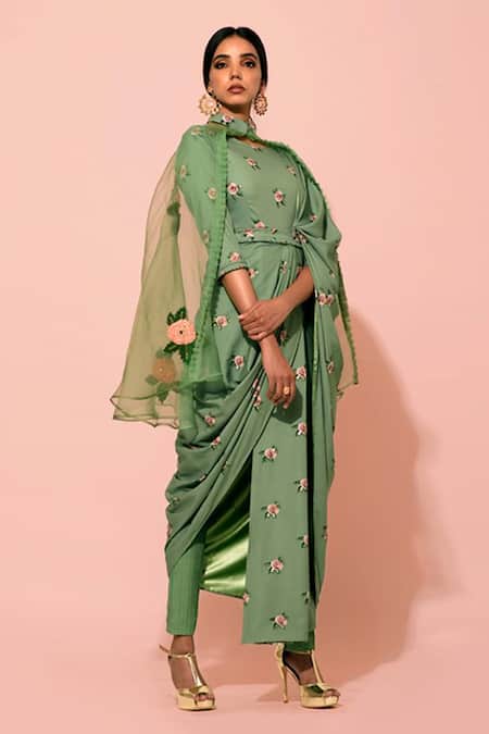 Pasha India Seafoam Printed Saree Dress With Belt 