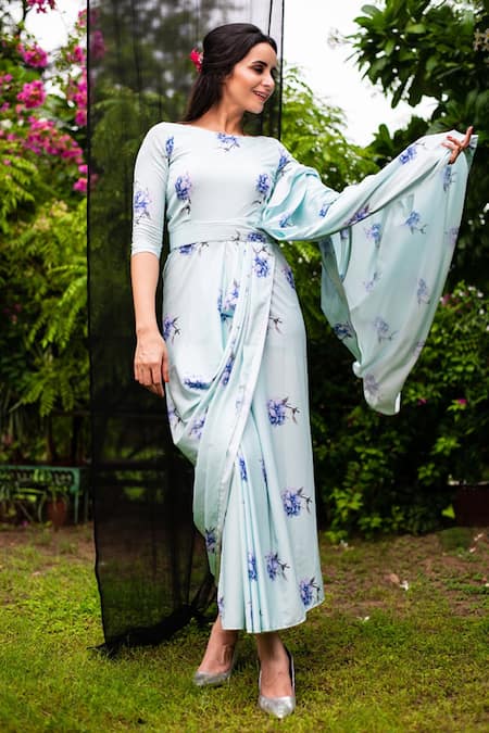 Buy Blue Polycrepe Printed Floral Round Saree Dress With Belt For