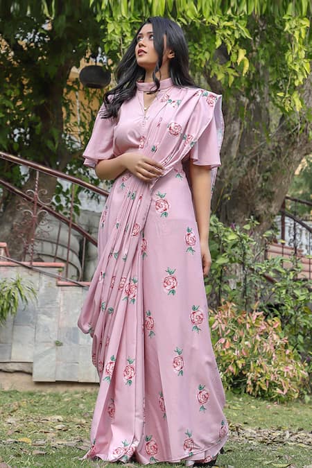 Shop_Pasha India_Pink Polycrepe Floral Round High Neck Tuberose Print Saree With Crop Top _at_Aza_Fashions