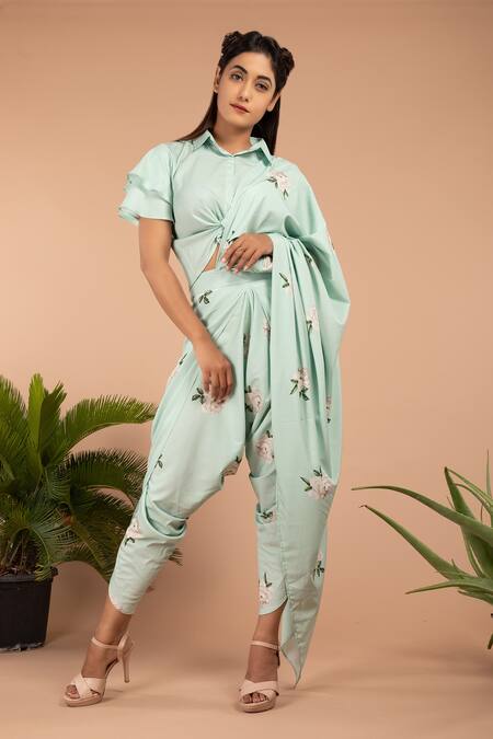 Shop Pasha India Green Polycrepe Shirt Collar Adriatic Dhoti Saree And Crop Top Set at Aza Fashions Shop_Pasha India_Green Polycrepe Shirt Collar Adriatic Dhoti Saree And Crop Top Set_at_Aza_Fashions