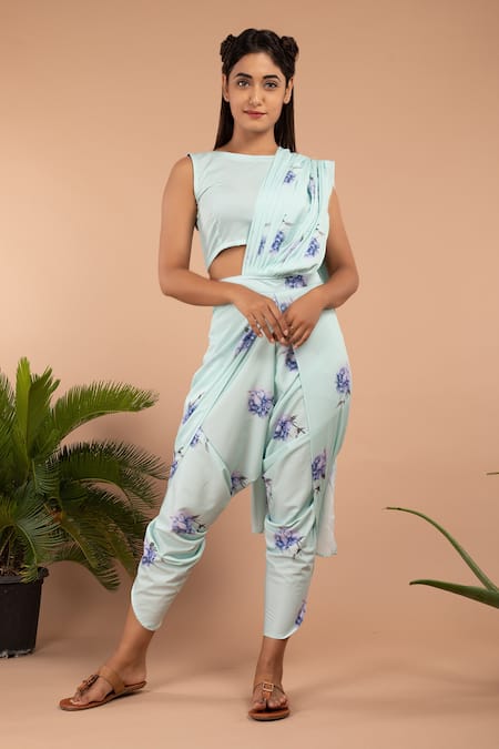 Pasha India Blue Polycrepe Floral Pattern Round Aviary Dhoti Saree And Crop Top Set