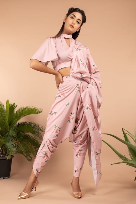 Shop_Pasha India_Pink Polycrepe Floral Round High Neck Tuberose Dhoti Saree And Crop Top Set _at_Aza_Fashions