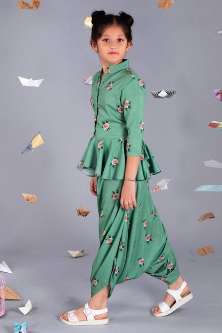 Shop_Pasha India_Green Polyester Embroidery Floral Print Peplum Dhoti Jumpsuit _at_Aza_Fashions