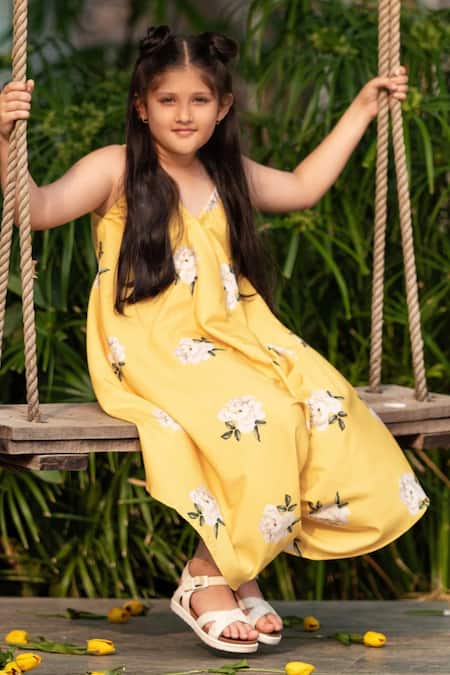 Shop Pasha India Yellow Polyester Embroidery Floral Print Palazzo Jumpsuit at Aza Fashions Shop_Pasha India_Yellow Polyester Embroidery Floral Print Palazzo Jumpsuit _at_Aza_Fashions