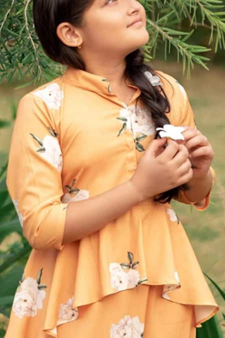 Shop Pasha India Orange Polyester Embroidery Floral Print Peplum Dhoti Jumpsuit at Aza Fashions Shop_Pasha India_Orange Polyester Embroidery Floral Print Peplum Dhoti Jumpsuit _at_Aza_Fashions