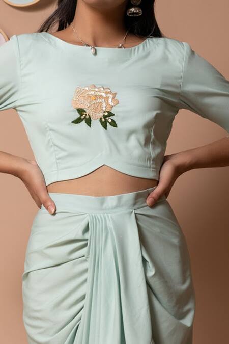 Pasha India Green Polycrepe Floral, Sequin Round Embroidered Crop Top And Draped Skirt Set Online at Aza Fashions Pasha India_Green Polycrepe Floral, Sequin Round Embroidered Crop Top And Draped Skirt Set_Online_at_Aza_Fashions