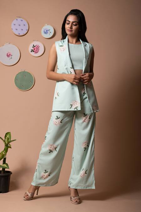 Pasha India Green Polycrepe Printed Floral Notched Lapel Collar Lily Jacket And Pant Set 1
