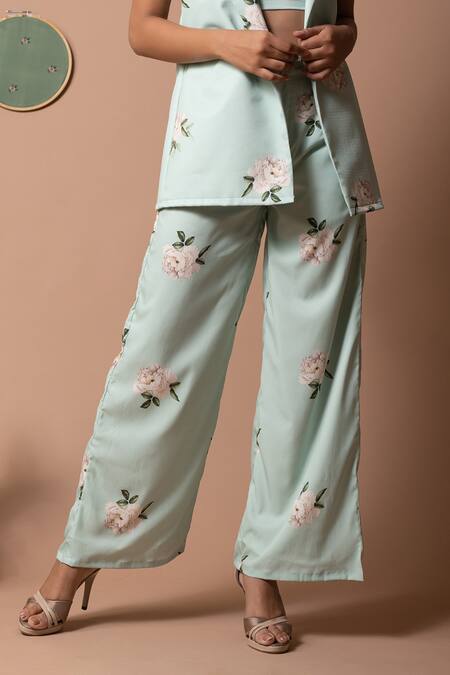 Pasha India Green Polycrepe Printed Floral Notched Lapel Collar Lily Jacket And Pant Set 2