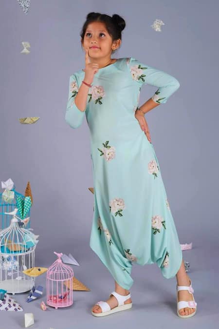 Shop_Pasha India_Green Polyester Embroidery Floral Print Dhoti Jumpsuit _at_Aza_Fashions