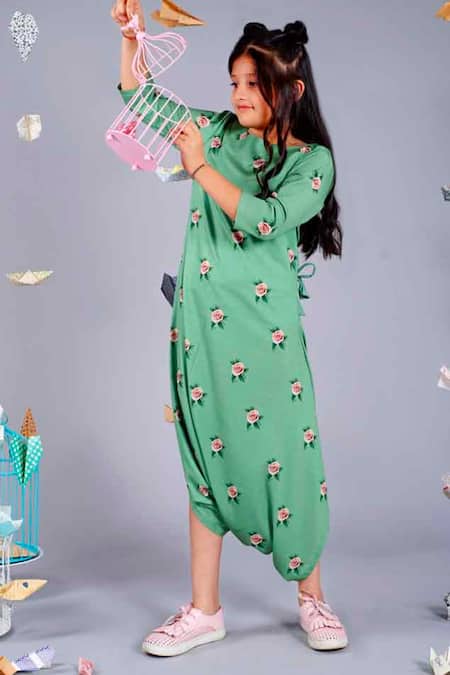 Shop_Pasha India_Green Polyester Embroidery Floral Print Dhoti Jumpsuit _at_Aza_Fashions