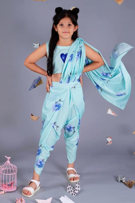 Pasha India Blue Polycrepe Printed Floral Dhoti Saree With Blouse 