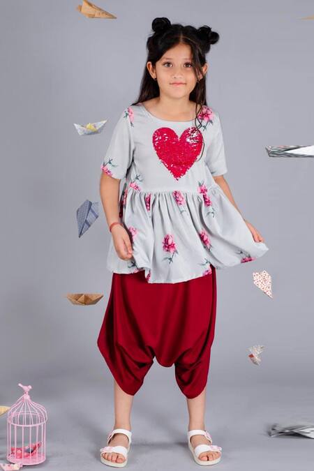 Shop_Pasha India_Grey Polyester Sequins Floral Print Kurta And Dhoti Pant Set _at_Aza_Fashions