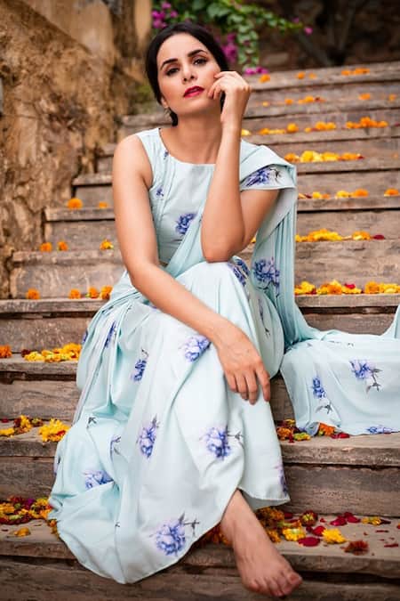 Pasha India_Blue Polycrepe Floral Print Boat Forget Me Not Pre-draped Saree With Blouse_Online_at_Aza_Fashions