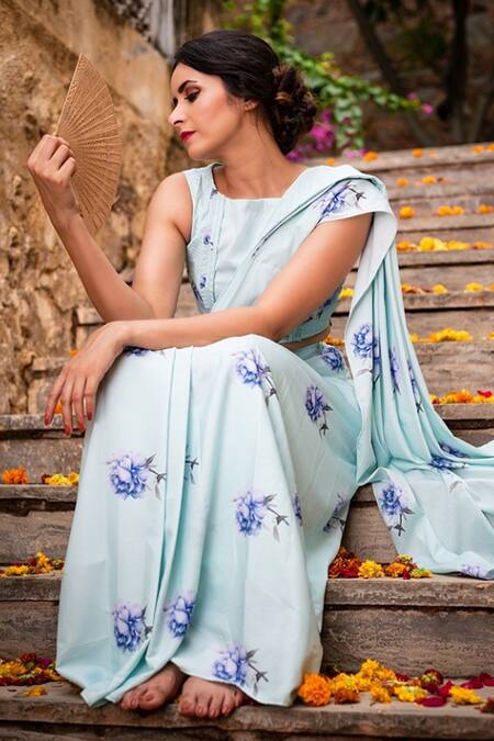 Buy_Pasha India_Blue Polycrepe Floral Print Boat Forget Me Not Pre-draped Saree With Blouse_Online_at_Aza_Fashions