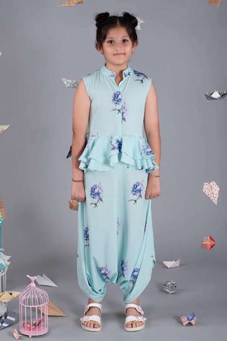 Pasha India Blue Polycrepe Printed Floral Peplum Dhoti Jumpsuit 