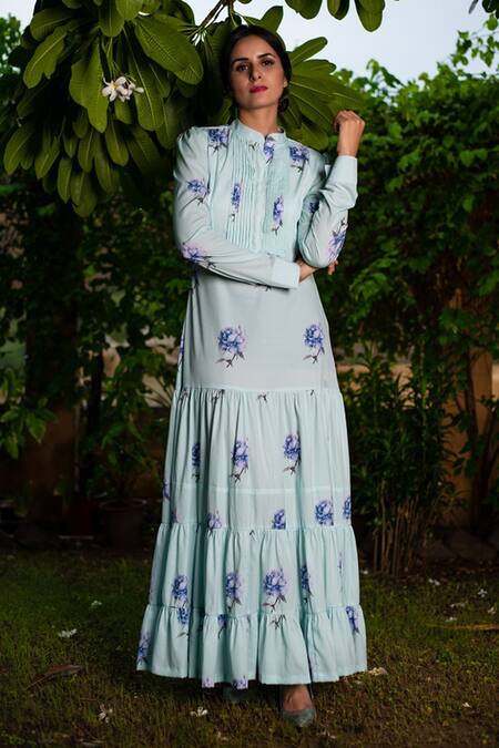 Buy_Pasha India_Blue Polycrepe Floral Print Band Perfect Bloom Maxi Dress_Online_at_Aza_Fashions