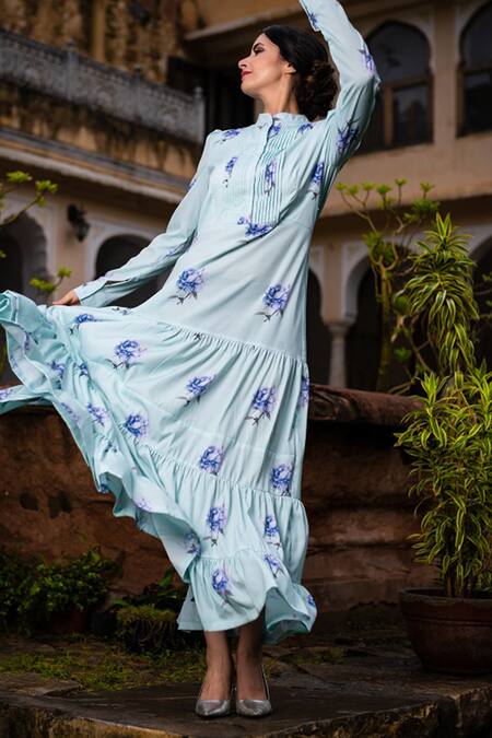 Pasha India_Blue Polycrepe Floral Print Band Perfect Bloom Maxi Dress_at_Aza_Fashions