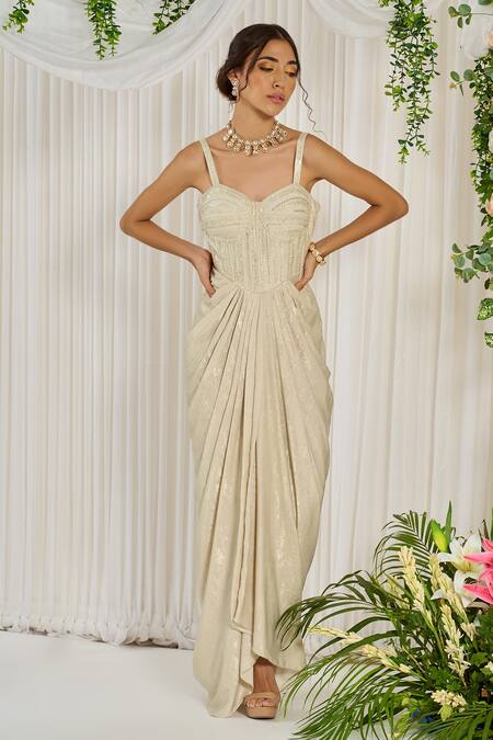 Nidhika Shekhar Ivory Silk, Foil Velvet Georgette Lining Goddess Corset Embellished Gown Online at Aza Fashions Nidhika Shekhar_Ivory Silk, Foil Velvet Georgette Lining Goddess Corset Embellished Gown _Online_at_Aza_Fashions