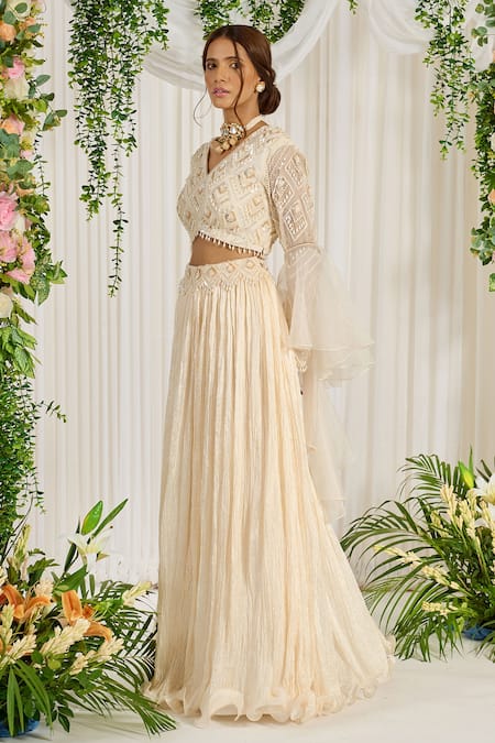 NIDHIKA SHEKHAR_Ivory Blouse Georgette Lehengacrinkle Silk Basant Embroidered Lehenga Set _Online_at_Aza_Fashions