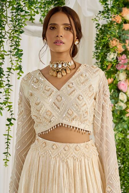 Buy_NIDHIKA SHEKHAR_Ivory Blouse Georgette Lehengacrinkle Silk Basant Embroidered Lehenga Set _Online_at_Aza_Fashions