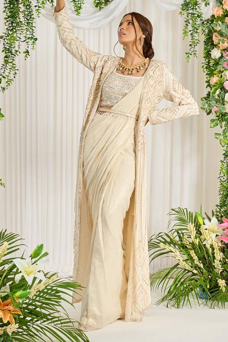 Buy_Nidhika Shekhar_Ivory Crepe, Foil Georgette, Silk Lining- Subh Bela Embroidered Saree Set _Online_at_Aza_Fashions