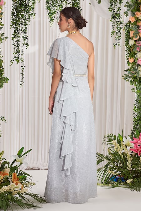 Nidhika Shekhar All Bling Ruffle One Shoulder Gown 