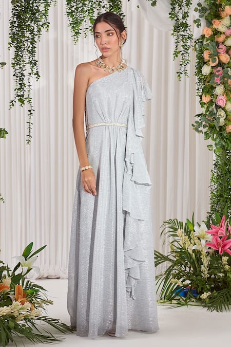 Nidhika Shekhar_Lycra Lining Shantoon Pearl, Stone And All Bling Ruffle Gown _Online_at_Aza_Fashions