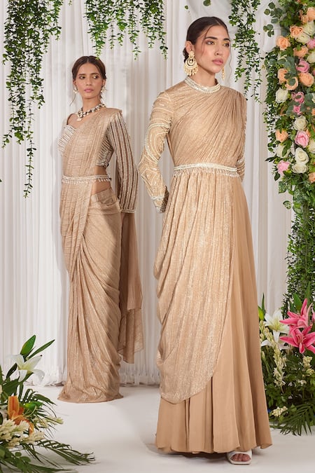 Nidhika Shekhar_Gold Saree Lycra Blouse Net Lining Shantoon Ujjwal Embroidered Set _Online_at_Aza_Fashions